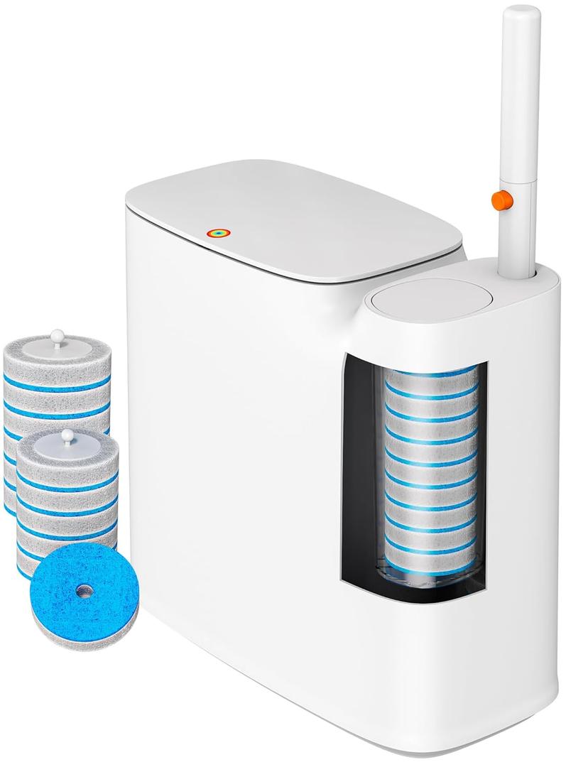 CTIME Bathroom Trash can Set, 2 Gallon White Small Trash Can with Lid, Disposable Toilet Brush, Storage Caddy and 12 Refills, Slim Garbage Can for Bathroom, RV