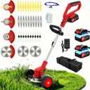Electric Weed Wacker Cordless Eater, 21V Battery Powered String Trimmer, 3 in 1 Lightweight Grass Trimmer/Brush Cutter/Edger with Wheels, 4 Types Blade, Stringless Weed Trimmer for Lawn Yard Garden