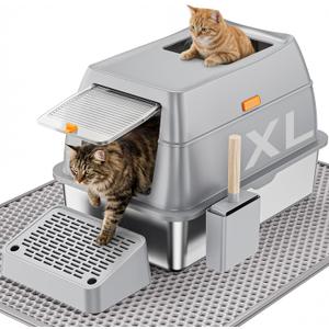 Stainless Steel Cat Litter Box with Scoop, Metal Litter Box High Sided, Cat Litter Box Enclosure, XL Extra Large High-Sided Litter Boxs (Anti-Urine Leakage, Include Scoop) (Grey)