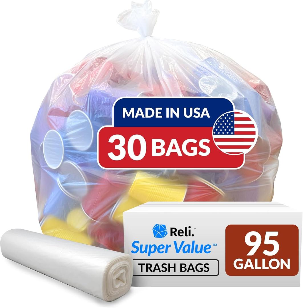 Reli. 95 Gallon Trash Bags Heavy Duty | 30 Trash Bags | Super Sizeable, Clear, Garbage for Serious Cleanup Reli. 95 Gallon Trash Bags Heavy Duty | 30 Trash Bags | Super Sizeable, Clear, Garbage for Serious Cleanup