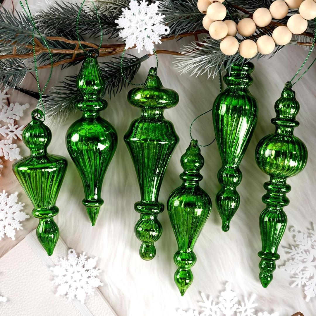 Mercury Glass Christmas Tree Decorations, 6Pcs Hanging Finial Ornaments, Vintage Decorative Glass Ornaments for Christmas Tree Winter Wonderland Wedding Baby Shower Party Holiday Decor, Green