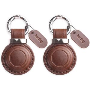 Jayanes Genuine Leather Keychain Holder Compatible with AirTag - Secure Case Cover Key Ring Chain Fob Accessories Intended for Air Tag - Dark Brown (2 Pack)