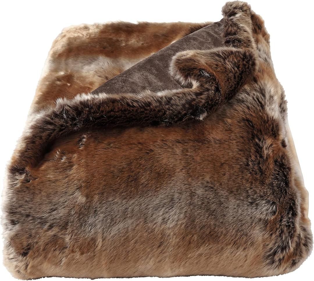 Faux Fur Throw - Luxurious, Hypoallergenic Premium Zobel Faux Marten Sable Fur Blanket with Plush Mink Back and Gift Box, 60x70 by Bedford Home (Amber Brown)