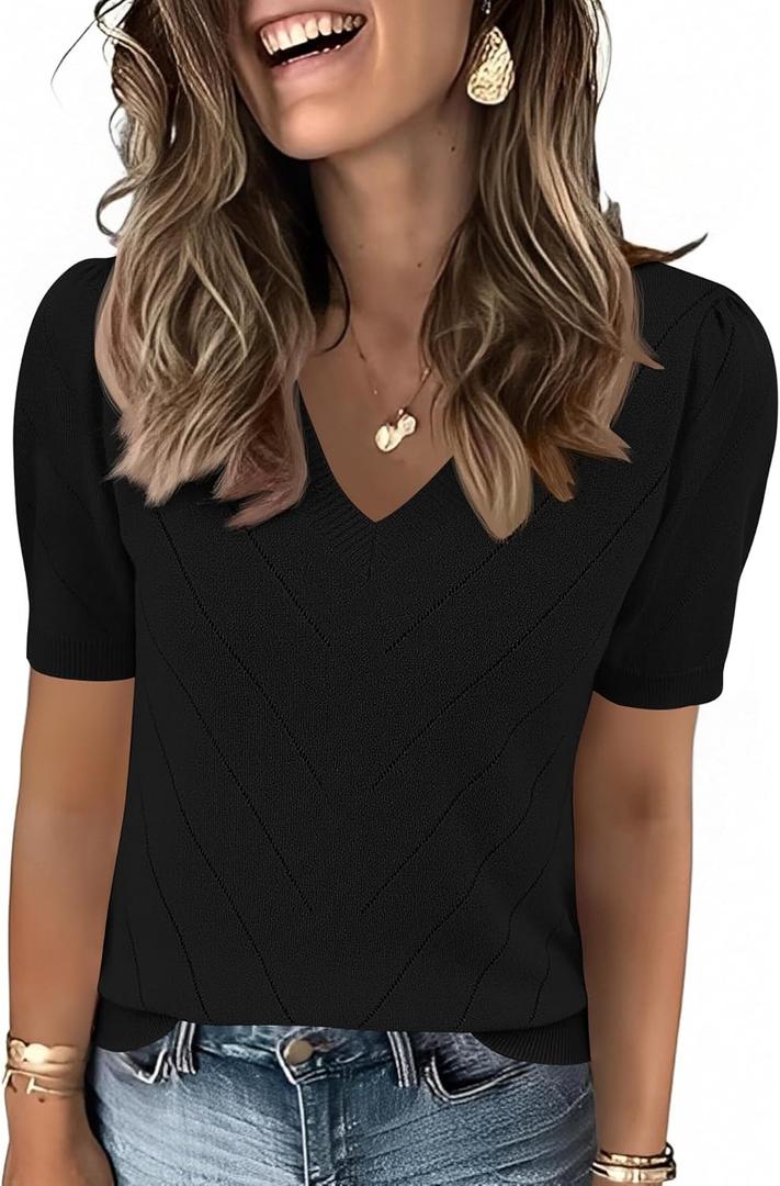 LOMON Womens Sweaters Puff Short Sleeve Lightweight Knit Summer Fall Tops Dressy V-Neck Work Blouses Business Casual Outfits (Black, S)
