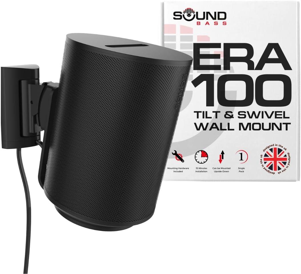 Sound Bass ERA100 Wall Mount Bracket, Tilt and Swivel, Black, Single (1pc), Compatible with Sonos ERA 100, Effortless Installation, Includes Mounting Kit