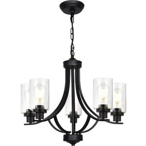 MELUCEE Traditional Chandelier Classic 5 Lights Farmhouse Pendant Light Black with Clear Glass Shade, Dining Room Lighting Fixtures Hanging Bedroom Chandelier Foyer Lighting