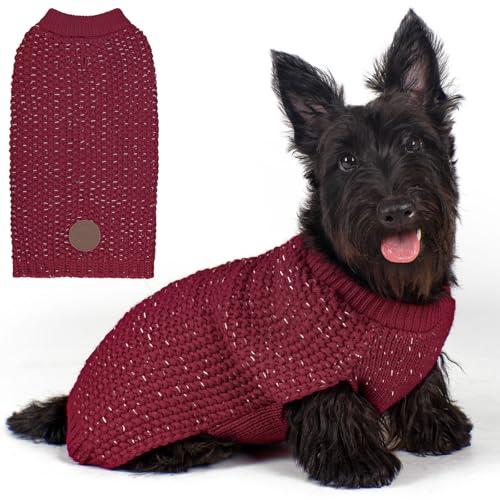 KYEESE Dog Sweater with Leash Hole Warm Pullover with Reflective Yarn for Small and Medium Dogs Male Soft Knit Pullover Boy Dog Coats Cozy Lightweight Thick Sweater,Dark Red,Medium
