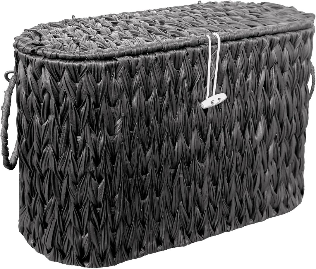 Black Toilet Paper Basket with Lid,Wicker Toilet Paper Storage Stand,Large Narrow Bathroom Towel Basket Mega Roll Container Bin for Toilet Tank,Floor