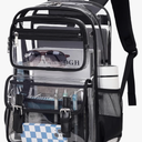 Large Clear Backpack Transparent Heavy Duty School PVC Bookbag See Through Bag Boys and Girls for College Work Travel Security, Black