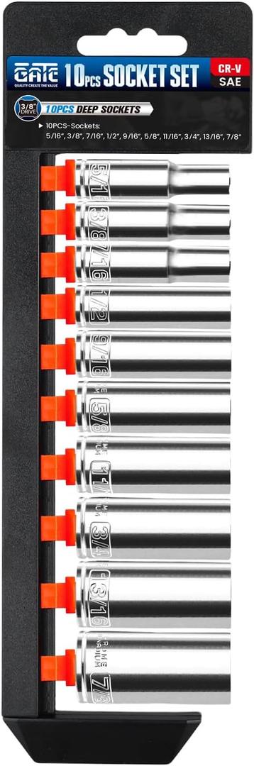 10PCS 3/8 Drive Deep Socket Set, SAE (5/16"-7/8"), 6-Point, Cr-V Steel, Chrome Plated Socket With Hanging Bracket, Cover Most Commonly Sizes