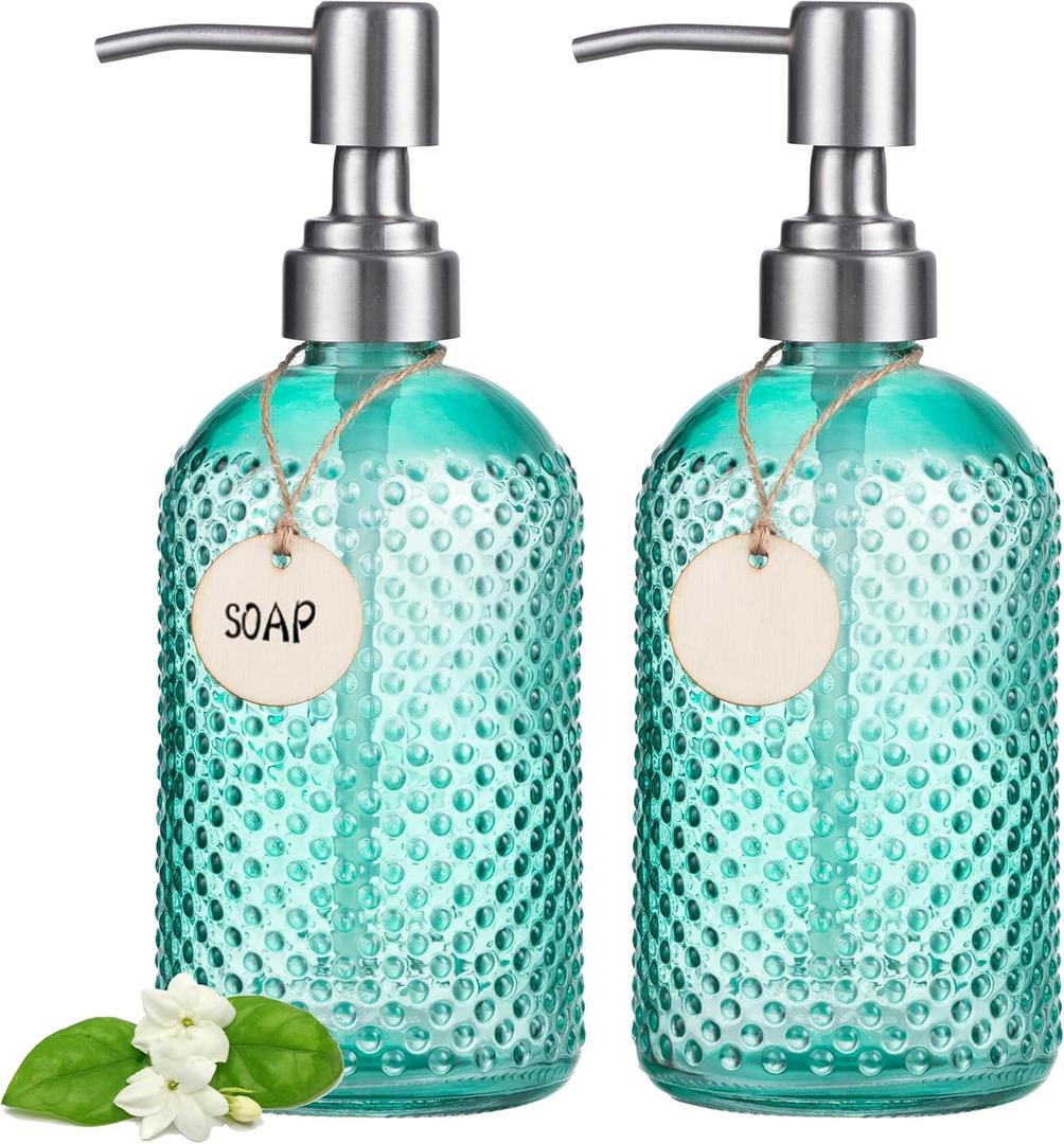 HBlife 2 Pack 16 Oz Glass Soap Dispenser with Stainless Steel Pump, Kitchen Bathroom Refillable Lotion Dispenser (Green)