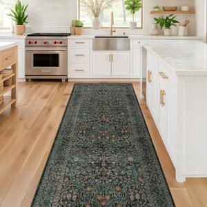 Dark Green 2x7 Long Washable Runner Rug Non Slip, Throw Rugs Runners for Kitchen Hallways Entryway Bathroom Laundry Room, Floor Mat Vintage Floral Carpet Low Pile Stain Resistant