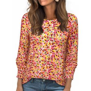 Long Sleeve Shirts for Women 2026 Spring Dressy Casual Blouses Pleated Crewneck Tunic Tops for Leggings Cute Tee (Large, Yellow Floral)