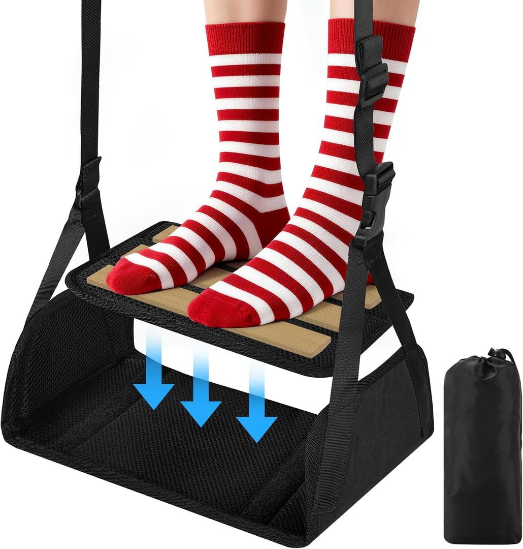 Airplane Foot Hammock for Plane Travel, Detachable Bamboo Airplane Foot Rest for Long Flight, Desk Foot Hammock with Extended Adjustable Strap to Relax Your Feet, Foot Sling Travel Essentials (Standard Size)