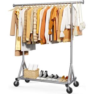 Sakugi Heavy Duty Stainless Steel Rolling Clothes Rack with Mesh Shelf, Lockable Wheels & Anti-Slip Stoppers, Large Capacity Clothing Organizer for Bedroom, Laundry Room, 42.5" x 16.5" x 65.9", Silver