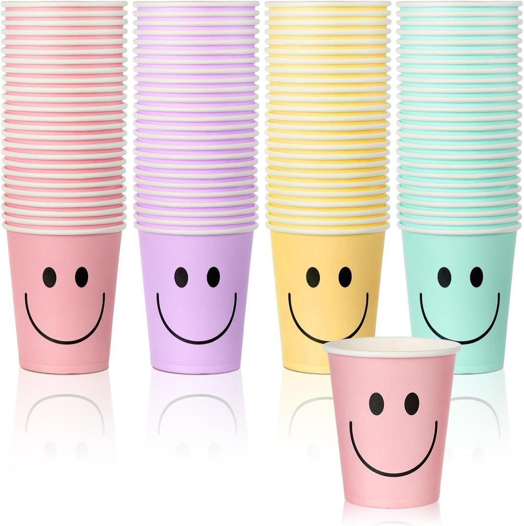Layhit 100 Pcs 9 oz Smile Face Drink Cups Pastel Paper Cups Disposable Pastel Cups Cute Happy Pastel Birthday Party Decorations for Girls Birthday Decorations Bachelorette Party Cool Drinkware