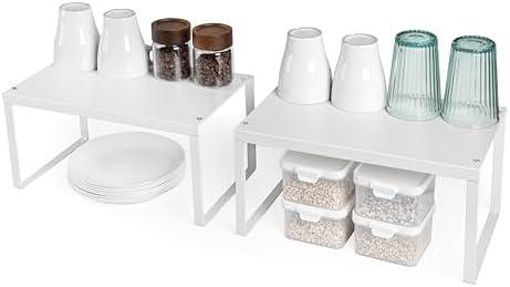 Nxconsu 2Pack Cabinet Shelf Expandable Stackable Organizer Riser for Kitchen Cabinet Pantry Cupboard Under Sink Countertop Organization Accessories Storage Space Saver Multi-Function Metal White
