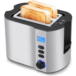 Elite Gourmet ECT2145 Extra Wide Slot 2-Slice Toaster, Bagel Function Reheat, Defrost, & Cancel Functions, 6 Toast Settings, Built-in Warming Rack, Countdown Timer, Stainless Steel