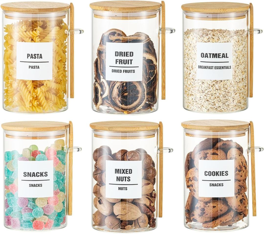 6 Pack 32oz Glass Jars with Bamboo Lids,Glass Storage Containers with Lids,Clear Airtight Food Storage Jar for Coffee,Tea,Sugar,Flour,includes 168 Pantry Labels & Spoons,3mm Thick Canisters