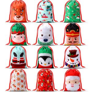 Honoson 24 Pieces Christmas Drawstring Gift Bags for Xmas Holiday Treats, Goody Candy, Party Favors and Birthday Supplies - Reusable