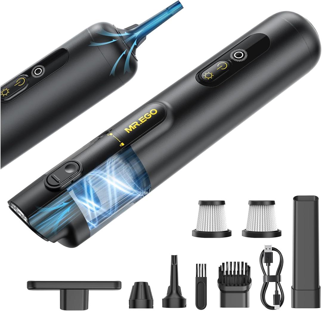 Mr.ego Handheld Car Vacuum Portable Cordless, 4in1 Mini Vacuum with 18500Pa Strong Suction, Desk Vacuum Cleaner and Air Duster with Green LED Light for Small Jobs, Car, Home, Keyboards (Black)
