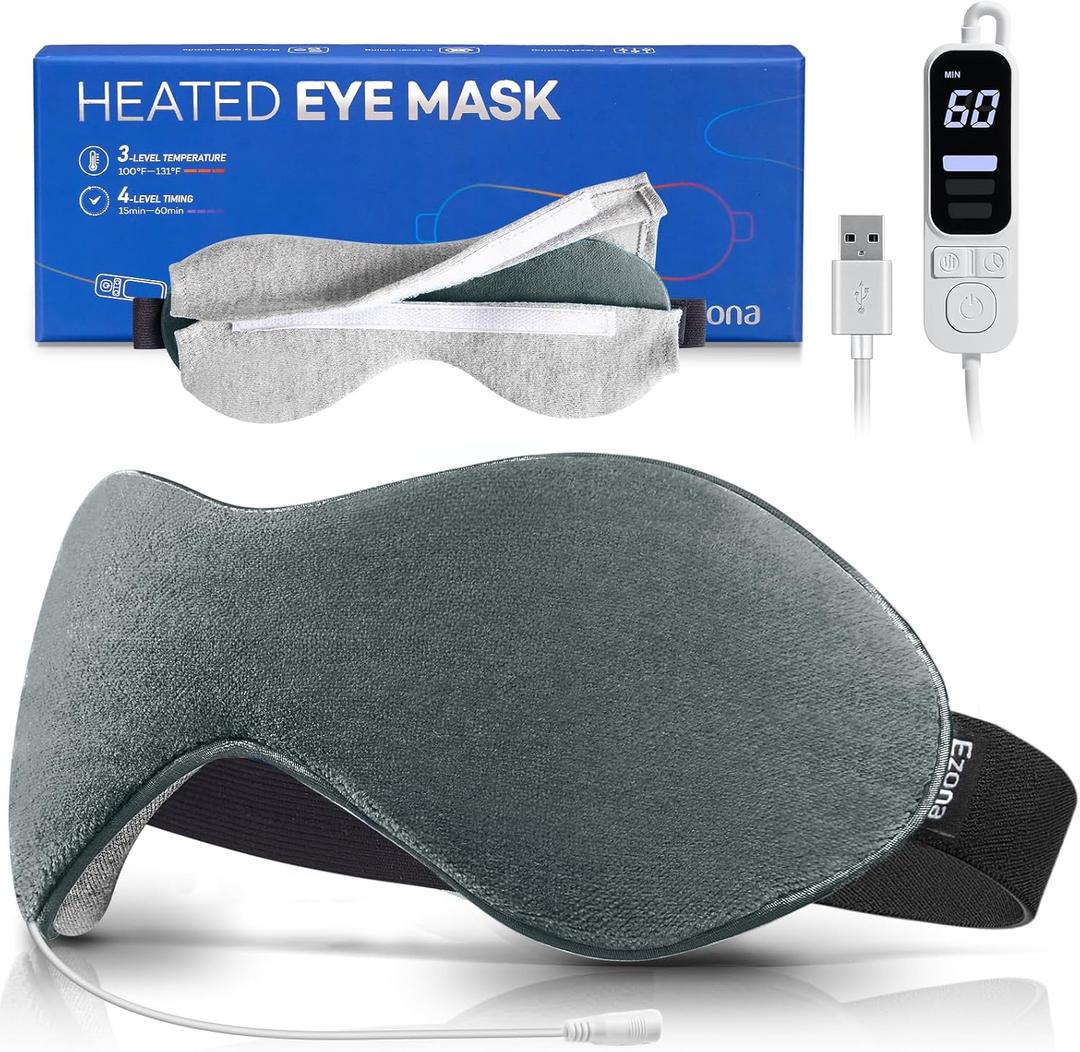 Ezona Heated Eye Mask, Warm Eye Compress Mask for Dry Eyes, USB Electric Eye Heating Pad with Temperature & Timer Control, Dry Eye Mask for Blepharitis, Sinus Migraine (Gray)
