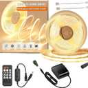 Dimmable Warm White Cob Led Strip Light Kit with RF Remote & UL 12V Power Supply 3000K CRI93+ No Dark Spots Tape Lights for Cabinet, Bedroom, DIY Craft, Wall Accent Lighting