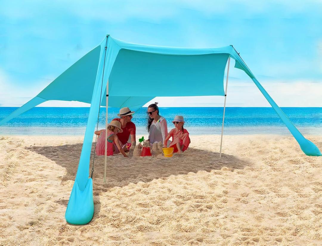 FBSPORT Beach Tent Sun Shelter, Portable Beach Shade Canopy UPF50+ with Sandbags for Outdoor Family Camping, Fishing, Backyard Fun, Picnic, 7 x 7ft (teal)