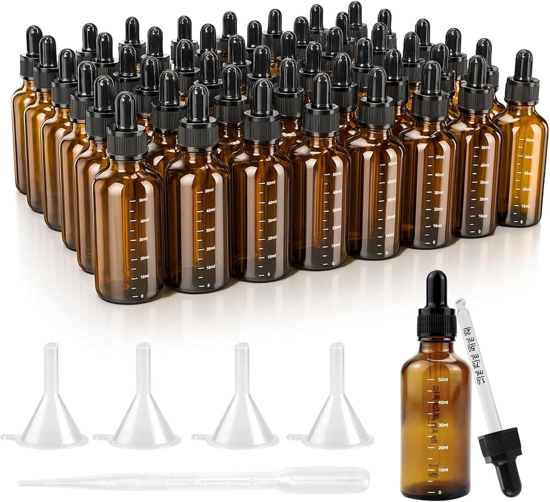 48 PCS, 2 oz Tincture Bottles with Precise Scales Dropper Bottles for Essential Oils 50ml Amber Glass Bottle with Eye Droppers, Perfumes & Lab ChemicalsLeak Proof Travel Bottle for Liquids