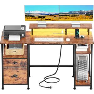 Furologee 51" Computer Desk with Power Outlet and LED Lights, Reversible Home Office Desk with File Cabinet & Monitor Stand, Large Gaming Table with Storage Shelves & Drawer, Rustic Brown