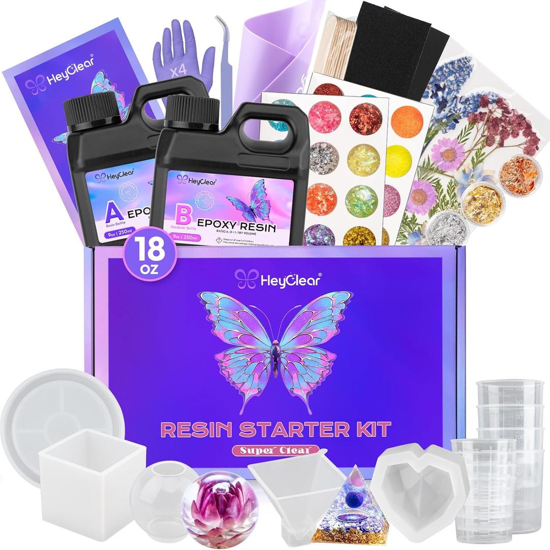 HeyClear Epoxy Resin Kit with Molds for Beginners -18 oz Super Clear and Hard Resina Complete Craft Supplies Set for Starter Casting Arts Crafts for Adults, DIY Creation Gifts