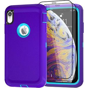 Case for iPhone Xs Max Case with 2 Screen Protector, Full Body Protection Heavy Duty Phone Case, Drop-Proof Shockproof Military Grade Cover for Apple iPhone Xs Max 6.5" (Purple+Blue)