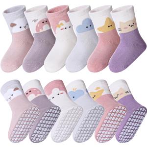 MQELONG 6 Pairs Baby Girls Non Slip Crew Socks Grips Socks for Infants Toddlers Kids Girls (1-3T, Animal)