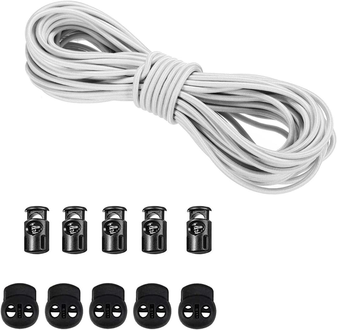 Versatile 1/8-Inch (3mm) Elastic Cord - 10 Yards with 10 Pack Plastic Spring Cord Locks - Stretch Cord, Elastic Rope, and Drawstring Cord for Sewing, Crafting, and DIY Projects (White)