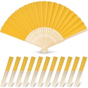 JOHOUSE 12 Pcs Yellow Paper Folding Hand Fans, 8.3 Inch Handheld Portable Decorative Fans for Wedding, Outdoor Party Favors, Bridal Shower DIY Crafts Photography Prop Summer Cooling Supplies
