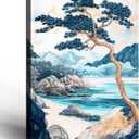 Framed Japanese Pine Trees Landscape Picture Coast Mountains Wall Art Decor Canvas Print Nature Print Artwork Poster Gallery Bedroom Living Room Office 16x24 Inch Ready to Hang