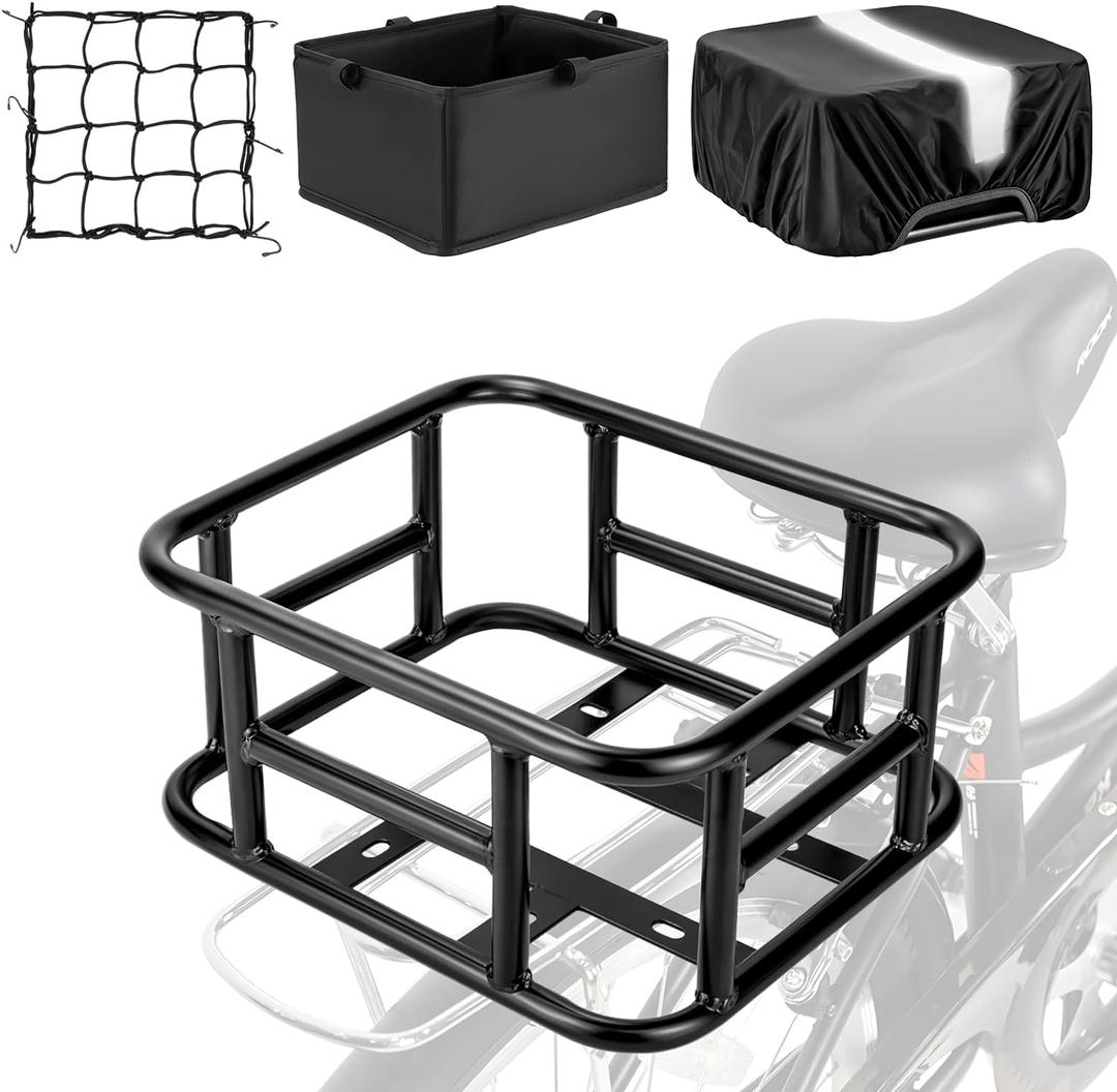 Bike Basket Rear with Liner,Waterproof Cover,Cargo Net Large Rear Bike Basket,Heavy Duty Bicycle Rear Basket for Electric Bike, Ebike,Great for Bike Trip,Carrying Grocery,Ball,Dog (12.7"X11.3"X6")