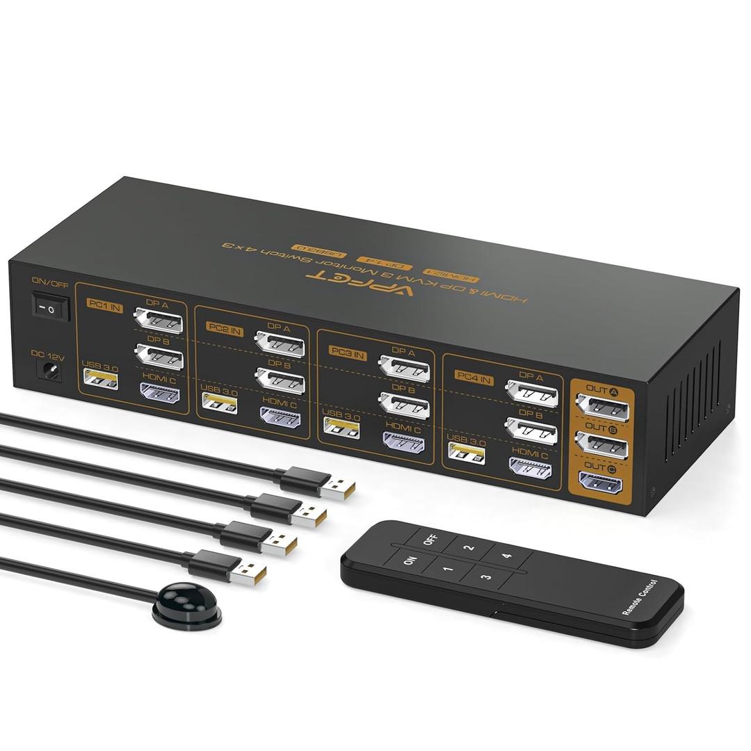 1HDMI + 2 Displayport KVM Switch 3 Monitors 4 Computers