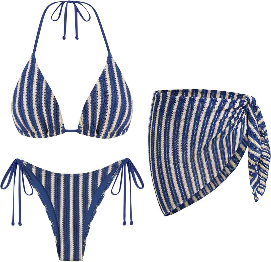 Women's 3 Piece Sexy Triangle Crochet Bikini Set - Halter Tie Side Swimsuit with Cover Up for Beach Vacation 2026 (Blue, L)