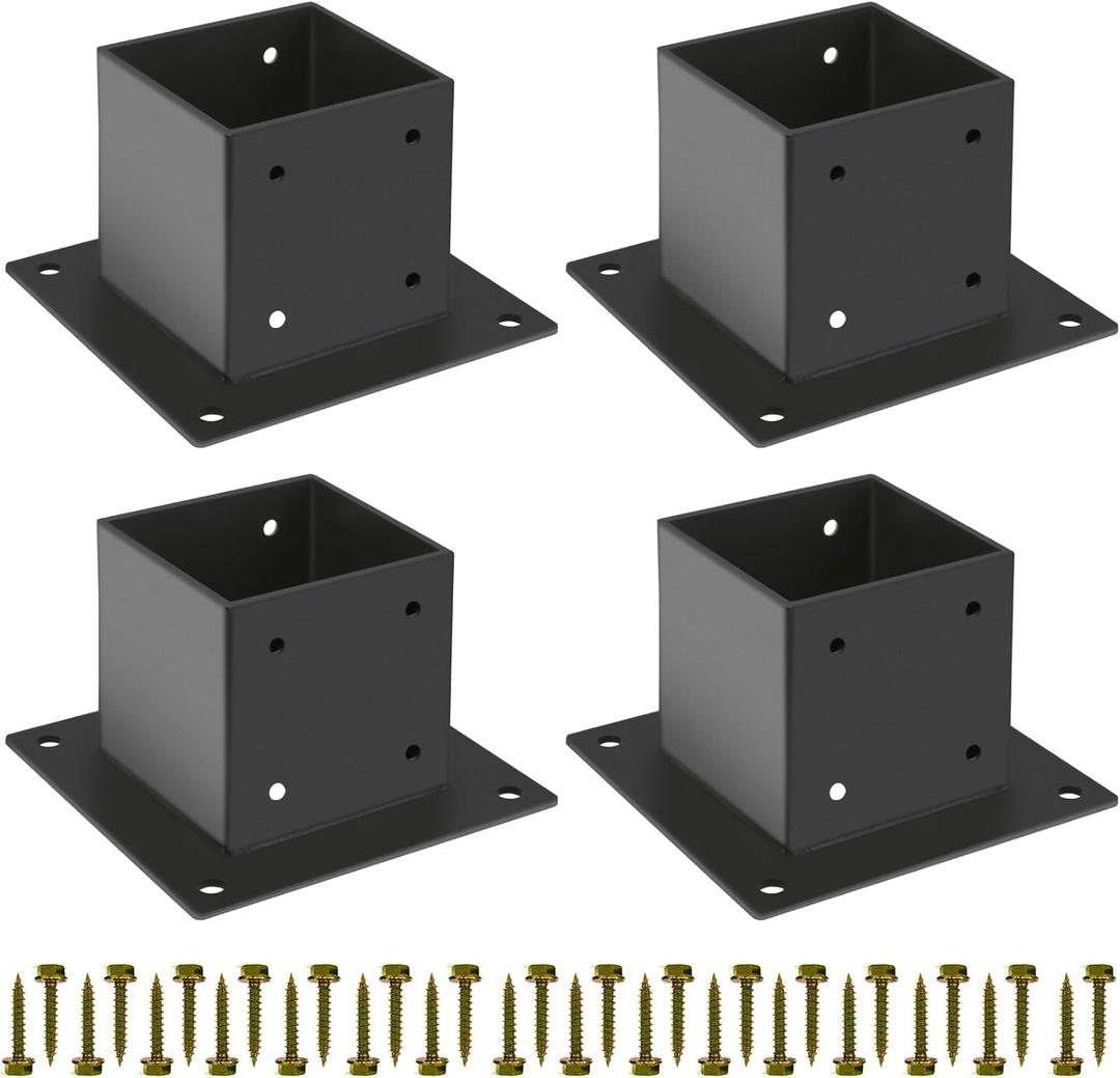 44 Post Base 4 Pcs,Deck Post Brackets,Inner Size 3.5"x3.5" Thick Steel Fence Post Anchor Base,Black Powder Coated Heavy Fence Post,for Supports Porch Railing Post Holders Pergola Brackets