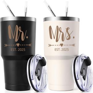 Gtmileo Mr & Mrs EST 2025 Stainless Steel Insulated Tumbler Set, Wedding Gifts for Couples, Bridal Shower Gifts - 30oz, Black&Beige