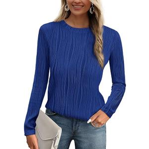 PRETTYGARDEN Long Sleeve Tops for Women Spring Fall Trendy Business Dressy Casual Shirts Crewneck Textured Blouse Clothes, Blue Small