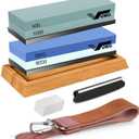 Knife Sharpening Stone Kit - Whetstone Grit 400/1000 3000/8000 Premium Knife Sharpener Wet Stone Set with Bamboo Base Angle Guide Leather Strop Flattening Stone Silicon holder