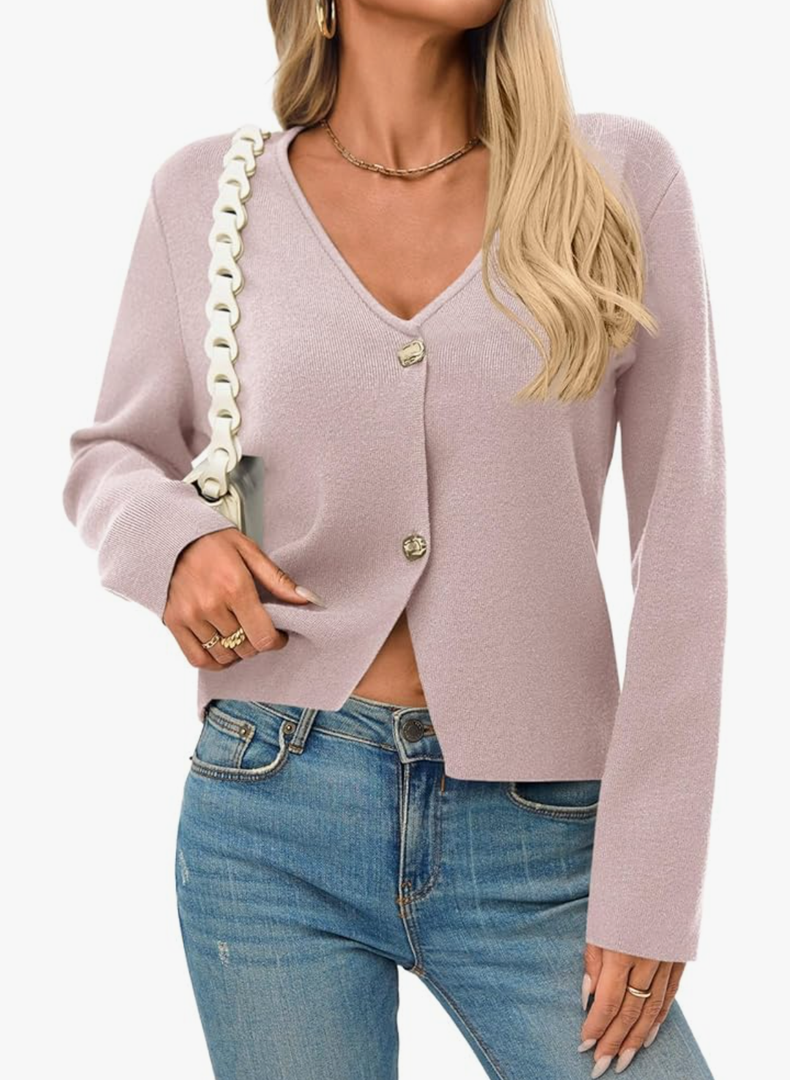 Saodimallsu Womens V Neck Cardigans Long Sleeve Button Down Cropped Knit Trendy Front Slit Dressy Casual Fall Sweater Blazers Khaki L