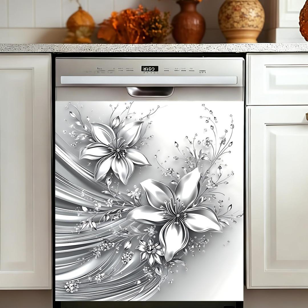 Magnetic Dishwasher Cover, Floral Faux Silver Embossed Metal Kitchen Decor | 23x26 Inch Dishwasher Refrigerator Protection Magnetic Kitchen Art Decoration, 23x25.5 Inches