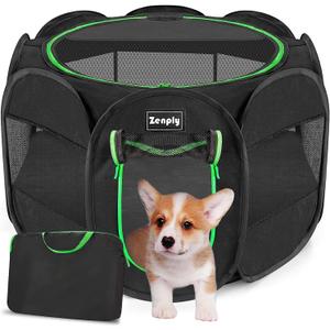 Portable Pet Dog Playpen, Pet Playpen Foldable Extra Heavy Duty Pop Up No Assembly Kennel Tent Crate Indoor Outdoor with Shade Ventilation Mesh for Small Dog, Kitten, Cat, Rabbit (Black)
