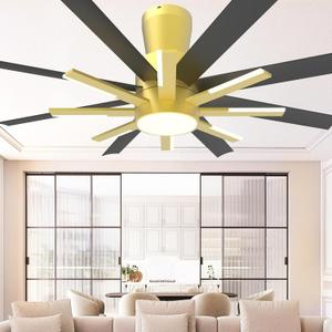 60 inch Flush Mount Ceiling Fans with Lights and Remote, Low Profile Ceiling Fan with Light for Living Room Bedoom6 Speed Reversible8 Blades and 9 Lights3 CCTBlack Gold