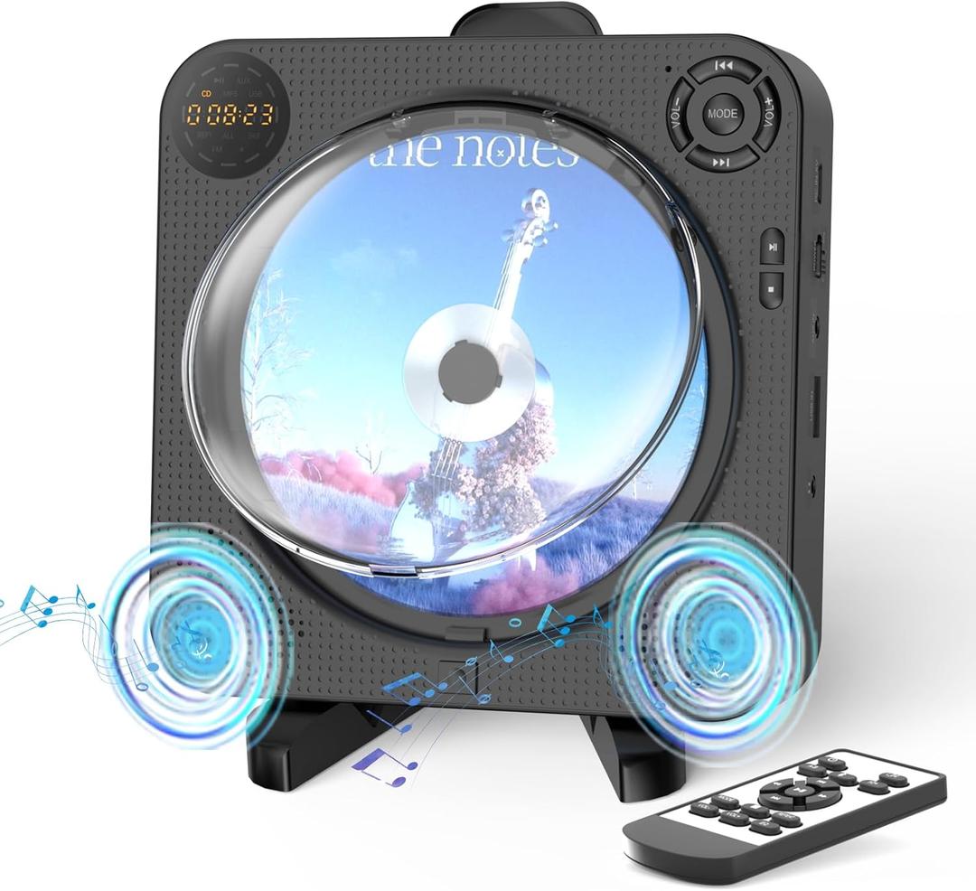 Bluetooth CD Player with Speakers DESOBRY Small Wall CD Player for Home with Remote Control FM Radio Digital Screen Headphone Jack, Support AUX USB, Black