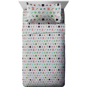 Jay Franco Kids Sheet Set with Fitted, Flat Sheets & Pillow Cover - Ultra-Soft Bedding with Pillowcase for Room Decor, Gray - Minecraft, 3 Piece Twin
