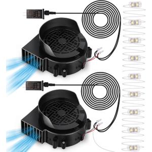 2-Pack Air Blower Fan for Inflatables, 12V 1.5A Replacement Blower Fan with 2.0A Adapter and 5 LEDs Bulbs Light for Halloween and Christmas Inflatables (IP68 Waterproof, 3200RPM, 5.0 * 5.0'')